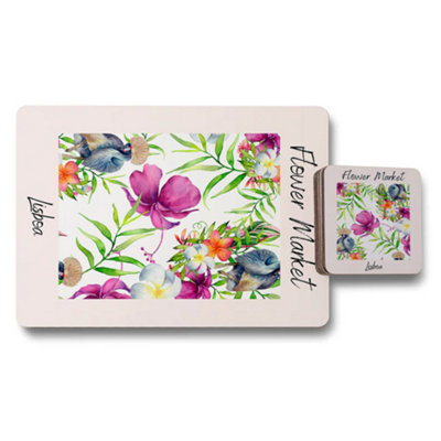 Benjamin Tate Design Lisboa Flower Market Placemat Coaster Set With Wooden Bottom Designer Artwork Collection Exclusive from B&Q