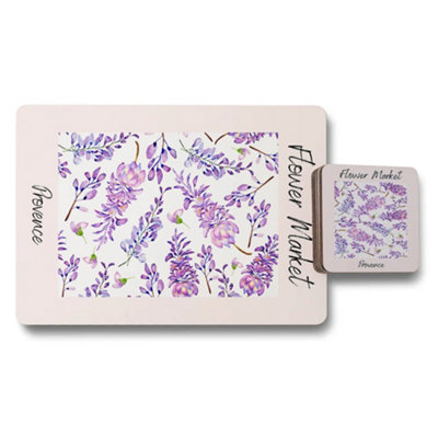 B&Q -  Provence Lavender Floral Placemat And Coaster Set 12 With Wood Bottom Exclusive Edition