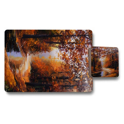 B&Q -  Placemat And Coaster Set Featuring Autumn Forest Artwork With Giclee Print And Wooden Base Limited Edition