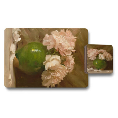 B&Q -  Fine Art Placemat And Coaster Set Giclée Print On Wood Bottom Featuring Peony And Apple Still Life Limited Edition