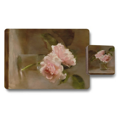 B&Q -  Designer Rose Artwork Placemats And Coasters Set With Wood Bottom And Exclusive Edition