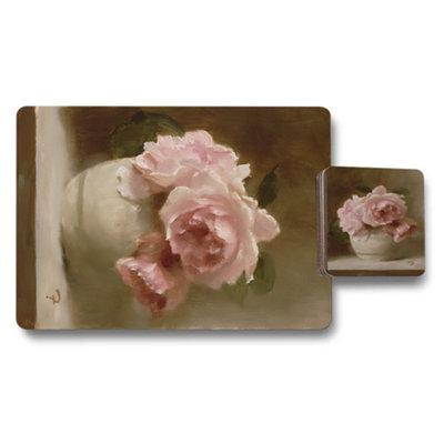 B&Q -  Rose Bouquet Placemat And Coaster Set In Designer Artwork Exclusive On Wood Base 12 Pieces