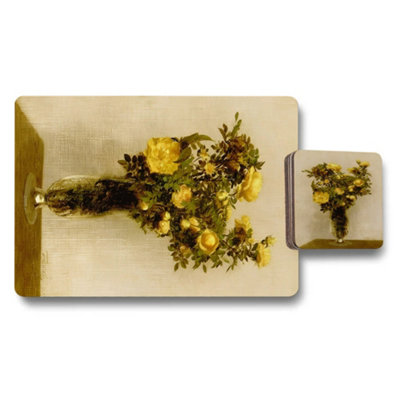 B&Q -  Gallery Yellow Rose Bouquet Placemat And Coaster Set In Fine Art Print Collection Limited Edition