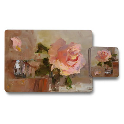 B&Q -  Rose Garden Collection Placemat And Coaster Set With Wood Base And Exclusive Print Artwork