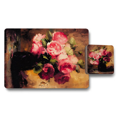 B&Q -  Roses In Bloom Placemat And Coaster Set With Wood Base Premium Print Limited Edition