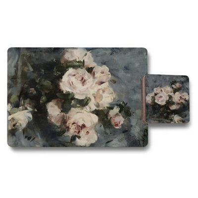 B&Q -  Floral Fine Art Placemat And Coaster Set Rose Bouquet Collection With Wooden Backing