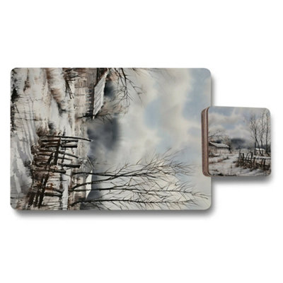 B&Q -  Winter Landscape Placemat And Coaster Set With Wood Bottom And Limited Edition Art Print