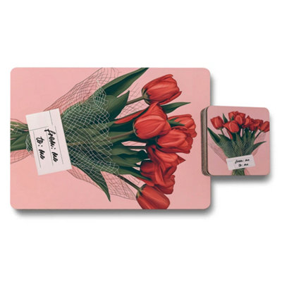 B&Q -  Tulip Bouquet Placemat And Coaster Set With Wood Backing High End Print Art Collection Limited Edition