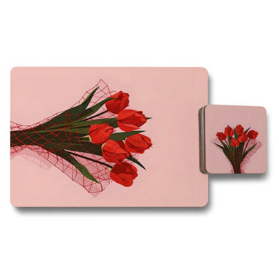 B&Q -  Placemat Coaster Set Artwork Tulip Bouquet Wood Bottom Elite