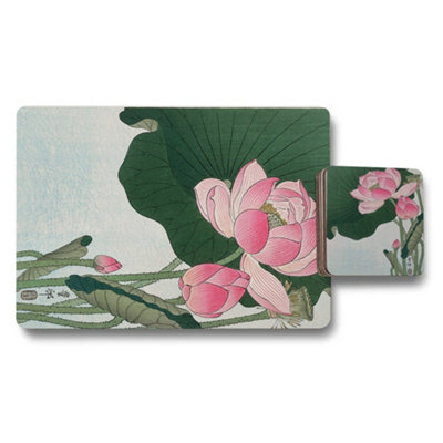 B&Q -  Placemat And Coaster Set Designer Artwork Lotus Bloom Wood Bottom Limited Edition