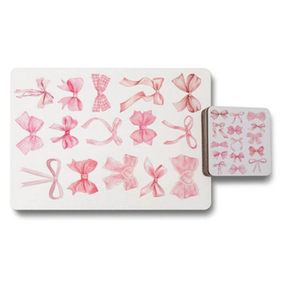 B&Q -  Exclusive Designer Artwork Collection Pink Bow Placemat And Coaster Set With Wood Bottom Finish
