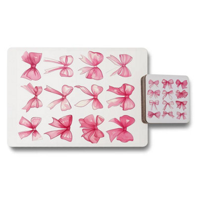B&Q -  Pink Bow Design Placemats And Coasters Set From Designer Artwork With Wood Bottom Exclusive