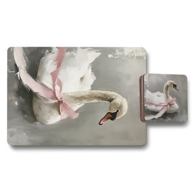 B&Q -  Placemat And Coaster Set With Wood Base And Designer Swan Artwork Exclusive Edition