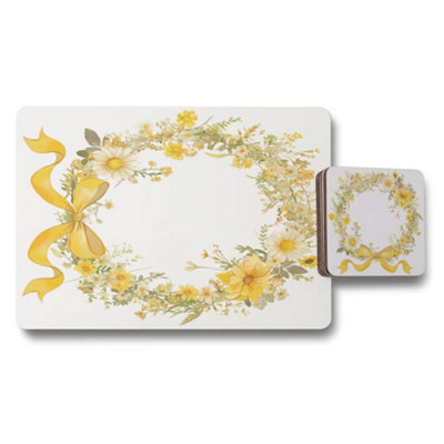 B&Q -  Placemat Coaster Set Floral Wreath Collection In Yellow Gold Ribbon Finish Exclusive