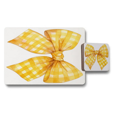B&Q -  Exclusive Yellow Bow Print Placemat Coaster Set Wood Backed