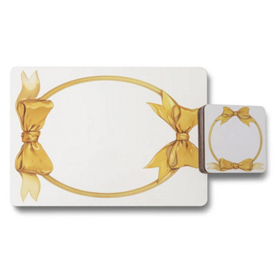 B&Q -  Placemat Coaster Set Gold Bow Motif Wood Bottom Luxury Designer Print Collection Exclusive