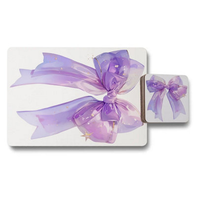 B&Q -  Exclusive Designer Artwork Placemat And Coaster Set With Purple Ribbon Print And Wood Bottom