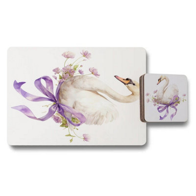 B&Q -  Swan Floral Placemats And Coasters Set Designer Artwork Wood Bottom Exclusive Edition