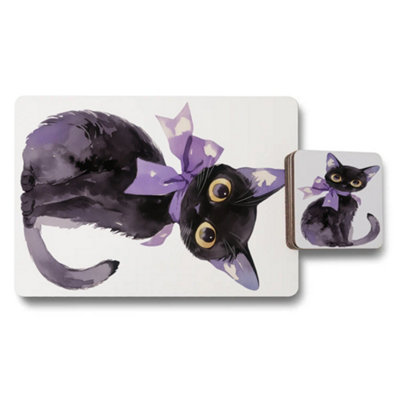 B&Q -  Placemat And Coaster Set Feature Giclee Cat Art In Purple Palette From Exclusive Collection Limited Edition