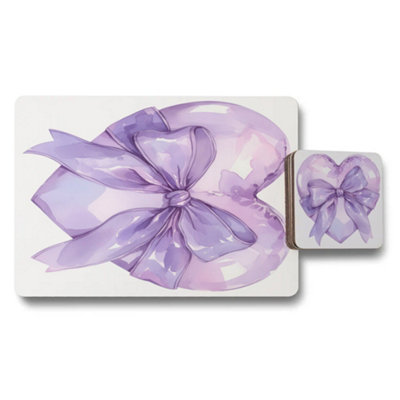 B&Q -  Placemat Coaster Set Designer Artwork Purple Bow Collection Exclusive Wood Bottom Finish