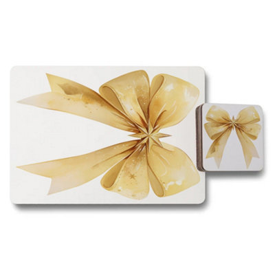 B&Q -  Placemat Coaster Set 12 Golden Bow Designer Artwork Wood Bottom Luxury Collection Exclusive