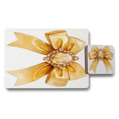 B&Q -  Crystal Embellished Gold Bow Placemat And Coaster Set With Designer Artwork Limited Edition