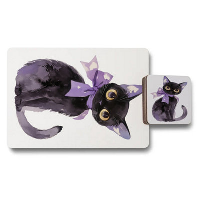 B&Q -  Cat Artwork Placemat Coaster Set Wood Bottom Exclusive