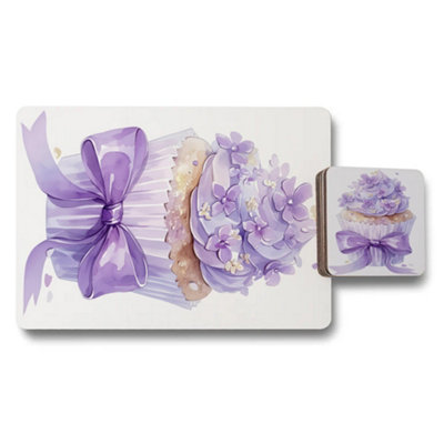 B&Q -  Placemat And Coaster Set Designer Artwork In Purple Ribbon Cake Theme Limited Edition