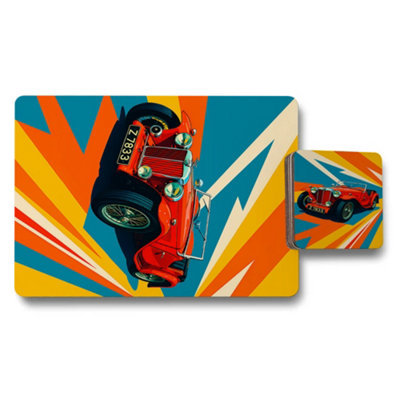 B&Q -  Vintage Car Motif Placemat Coaster Set With Wood Bottom Premium Print Artwork Limited Edition