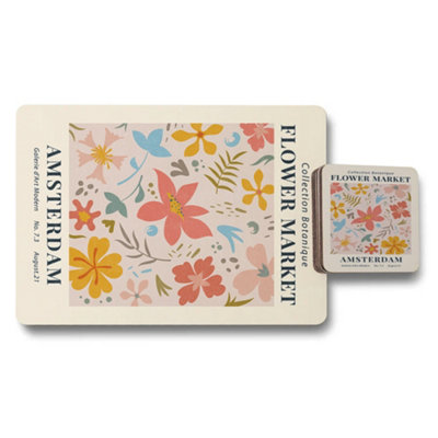 B&Q -  Amsterdam Flower Market Wood Bottom Placemat Coaster Set Ltd