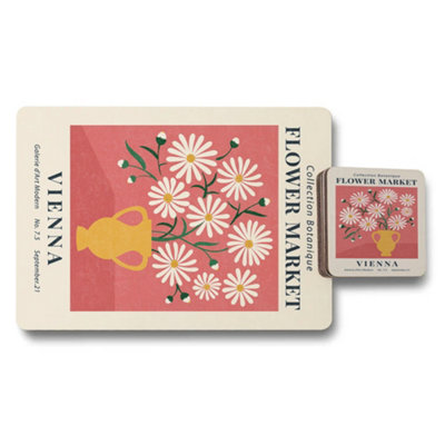 B&Q -  Vienna Flower Market Collection Botanique Placemat And Coaster Set With Wood Backing