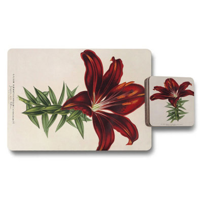 B&Q -  Botanical Lily Placemat Coaster Set Premium Wood Bottom Designer Artwork Exclusive Design