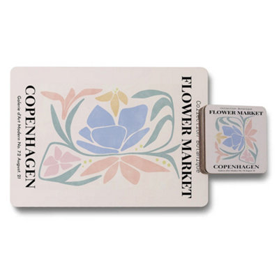 B&Q -  Copenhagen Flower Market Placemat And Coaster Set Of 12 In Designer Artwork Collection With Wood Bottom