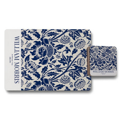 B&Q -  William Morris Placemat And Coaster Set Blue Floral On Wood Bottom Heritage Collection
