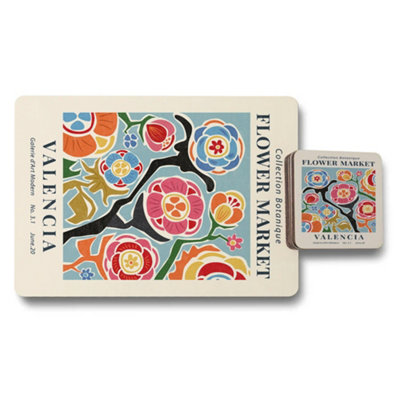 B&Q -  Valencia Flower Market Placemat Coaster Set Botanique Collection Wood Bottom Limited Edition