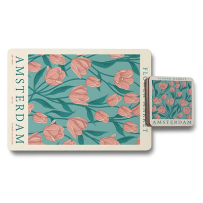 B&Q -  Amsterdam Flower Market Placemat And Coaster Set With Designer Artwork Wooden Base Limited Edition