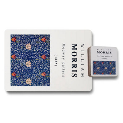 Benjamin Tate Design William Morris Medway Pattern Placemat And Coaster Set Navy Floral Wood Base 12 Piece from B&Q