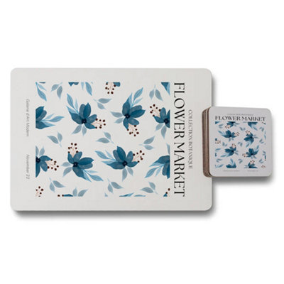 B&Q -  Flower Market Blue Botanical Placemat And Coaster Set With Wood Bottom Limited Edition