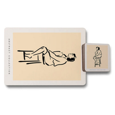 B&Q -  Abstract Collection Placemat Coaster Set Limited Edition Beige Artwork Wood Bottom