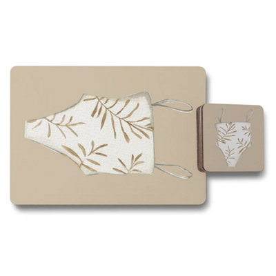 B&Q -  Placemat And Coaster Set With Wood Bottom Beige Botanical Print Limited Edition Exclusive