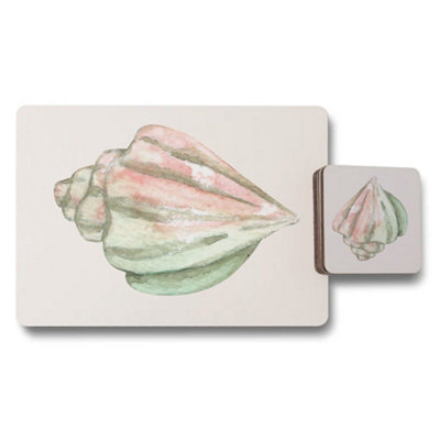 Benjamin Tate Design Placemat Coaster Set Watercolor Seashells Artwork Wood Bottom Limited Edition Design from B&Q