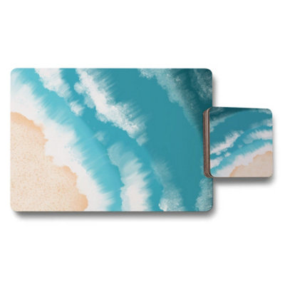 B&Q -  Abstract Ocean Wave Placemat Coaster Set With Wood Bottom Designer Artwork Exclusive Edition