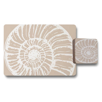 Benjamin Tate Design Placemat Coaster Set Beige Shell Motif With Wood Bottom Designer Artwork Collection from B&Q
