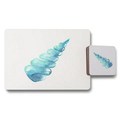B&Q -  Placemat And Coaster Set Blue Sea Shell Artwork Wood Backed Designer Collection Limited Edition