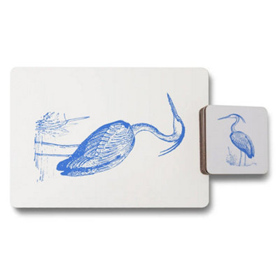 B&Q -  Placemat And Coaster Set Designer Artwork Wood Bottom Set Of 12 Exclusive Blue Crane Motif