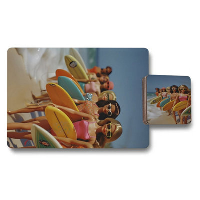 B&Q -  Designer Artwork Placemat Coaster Set With Wood Bottom Surf Themed Collection Exclusive