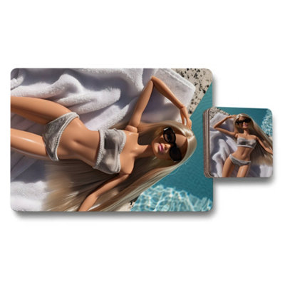 B&Q -  Designer Artwork Placemat Coaster Set With Wood Backing For Poolside Tables Limited Edition Set Of 12