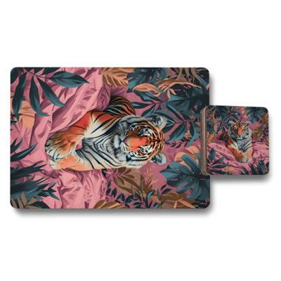 B&Q -  Tiger Jungle Luxe Placemat And Coaster Set Wood Bottom