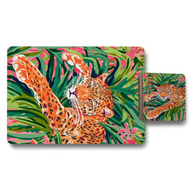 B&Q -  Leopard Print Placemat And Coaster Set Wood Backed Designer Artwork Collection Exclusive