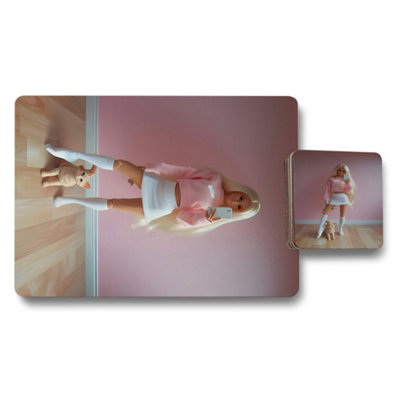 B&Q -  Placemat And Coaster Set In Designer Artwork Collection Wood Bottom Subtle Exclusive Edition